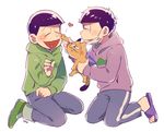  black_hair blush bowl_cut brothers cat heart heart_in_mouth male_focus matsuno_choromatsu matsuno_ichimatsu messy_hair multiple_boys osomatsu-kun osomatsu-san pants siblings signature single_vertical_stripe sitting smile sumio_(smosmo) surgical_mask track_pants 