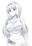  belt breasts collarbone greyscale gundam gundam_tekketsu_no_orphans highres kudelia_aina_bernstein large_breasts long_hair monochrome ponytail puyo solo 