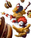  bacon chaya commentary_request facepaint falling food gloves hamburger jojo_no_kimyou_na_bouken lettuce long_sleeves male_focus mcdonald's meat open_mouth parody red_eyes red_footwear red_hair ronald_mcdonald shoes simple_background solo striped striped_legwear tomato white_background yellow_gloves 