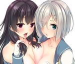  bare_shoulders black_hair blue_eyes breast_press breasts collarbone gloves hair_ornament hair_over_one_eye hair_ribbon hairclip hamakaze_(kantai_collection) hime_cut holding holding_hair isokaze_(kantai_collection) kantai_collection long_hair looking_at_viewer multiple_girls nironiro open_mouth parted_lips purple_eyes ribbon sailor_collar shirt_removed shirtless short_hair simple_background symmetrical_docking tongue tongue_out white_background white_gloves 