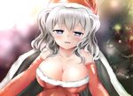  :d bare_shoulders blue_eyes blush bobblehat breasts christmas christmas_lights christmas_ornaments christmas_tree cleavage detached_sleeves dress fur_trim kagitsume kantai_collection kashima_(kantai_collection) large_breasts open_mouth red_dress santa_costume short_hair silver_hair smile solo sparkle strapless strapless_dress two_side_up under_covers 