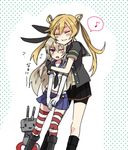  abukuma_(kantai_collection) annin_musou bad_id bad_pixiv_id bike_shorts blonde_hair closed_eyes eighth_note elbow_gloves gloves hug hug_from_behind kantai_collection leg_cling leg_hug long_hair multiple_girls musical_note one_eye_closed pleated_skirt polka_dot polka_dot_background remodel_(kantai_collection) rensouhou-chan shimakaze_(kantai_collection) skirt spoken_musical_note thighhighs twintails 