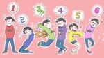  6+boys arms_behind_back ayayannko brothers brown_hair cat eighth_note esper_nyanko heart hood hoodie kneeling male_focus matsuno_choromatsu matsuno_ichimatsu matsuno_juushimatsu matsuno_karamatsu matsuno_osomatsu matsuno_todomatsu messy_hair multiple_boys musical_note osomatsu-kun osomatsu-san pink_background sextuplets shorts siblings simple_background sleeves_past_wrists slippers smile speech_bubble 