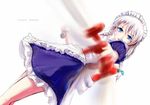  aiming_at_viewer alternate_hair_length alternate_hairstyle apron blue_eyes blurry bow braid character_name depth_of_field dress foreshortening frilled_apron frilled_dress frills from_below from_side hair_bow holding holding_knife izayoi_sakuya knife knives_between_fingers long_hair looking_at_viewer looking_down looking_to_the_side maid maid_apron maid_headdress murasaki_saki parted_lips perspective pocket_watch pov short_dress short_sleeves simple_background solo standing thighs touhou twin_braids watch white_background white_hair 