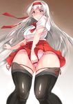  alternate_costume bangs bifidus blush commentary_request flying_sweatdrops from_below fundoshi grey_eyes grey_hair hairband japanese_clothes kantai_collection long_hair looking_at_viewer miniskirt shoukaku_(kantai_collection) skirt skirt_tug solo tasuki thighhighs 