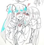  blue_hair blush bow clarith closed_eyes evillious_nendaiki flower hair_bow happy_tears hatsune_miku long_hair michaela_(evillious_nendaiki) multiple_girls ponytail rooomi shiro_no_musume_(vocaloid) silver_hair sketch tears twintails very_long_hair vocaloid voyakiloid yowane_haku yuri 