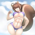  absurdres animal_ears antenna_hair blazblue breasts brown_eyes brown_hair choker cleavage clenched_hand contrapposto hand_on_hip highres makoto_nanaya navel ryukenden solo squirrel_ears squirrel_tail standing swimsuit tail thigh_gap toned underboob watermark wide_hips 