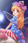  american_flag_dress american_flag_legwear ass blonde_hair clownpiece fairy_wings hat highres jester_cap long_hair looking_at_viewer looking_back lzh open_mouth pantyhose pink_eyes sitting sky smile solo star_(sky) starry_sky striped striped_legwear touhou very_long_hair wariza wings 