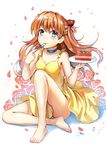  barefoot cake dress eating food green_eyes hair_ornament long_hair long_legs looking_at_viewer neon_genesis_evangelion orange_hair qian_wu_atai shikinami_asuka_langley solo souryuu_asuka_langley sweets two_side_up yellow_dress 