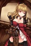  ;) black_legwear blonde_hair blush boots breasts brown_footwear chain cleavage cross-laced_footwear crossed_legs dress gauntlets gold_trim granblue_fantasy hair_ribbon knee_boots kurusu_ren lace-up_boots large_breasts long_hair looking_at_viewer off_shoulder one_eye_closed ponytail red_eyes ribbon short_dress shoulder_armor smile solo spaulders thighhighs thighs vira_lilie wooden_wall zettai_ryouiki 