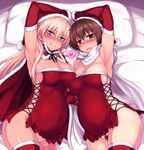  armpits arms_up bed blonde_hair blue_eyes blush breasts breath brown_eyes brown_hair cleavage clenched_teeth hanna-justina_marseille interlocked_fingers katou_keiko large_breasts long_hair lying multiple_girls no_panties null_(nyanpyoun) on_side open_mouth pillow pregnant pubic_hair santa_costume scarf short_hair steam sweat teeth thighhighs world_witches_series 