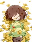  brown_hair chara_(undertale) closed_eyes cowboy_shot everina flower flower_bed hair_over_one_eye heart heart_necklace jewelry lying necklace open_mouth pants parted_lips pendant petals shirt short_hair solo spoilers striped striped_shirt undertale 