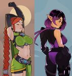  armpits arms_up ass breasts cassie_(paladins) closed_eyes highres large_breasts lips long_hair multiple_girls navel orange_hair paladins pointy_ears purple_eyes purple_hair sideboob skye_(paladins) smile splashbrush stretch thighs 