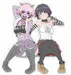  arm_behind_head arm_warmers ashido_mina belt between_legs black_eyes black_hair black_legwear black_sclera blush boku_no_hero_academia boots casual choker clothes_writing crop_top cross-laced_footwear feather_boa grey_footwear hand_between_legs hand_on_another's_shoulder heart heart_necklace highres horns ina_(gokihoihoi) jirou_kyouka knee_boots lace-up_boots legwear_under_shorts midriff multiple_girls open_mouth panties panties_under_pantyhose pantyhose pantyhose_under_shorts pantyshot pantyshot_(sitting) pink_hair plaid plaid_skirt plug purple_skin shoes short_hair short_shorts shorts sitting skirt smile striped tank_top underwear yellow_eyes 