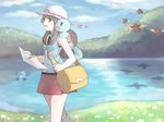  brown_hair day gen_1_pokemon gen_2_pokemon hat hoppip lake long_hair marill open_mouth outdoors pidgey pokemon pokemon_(creature) red_skirt skirt sky squirtle usanoha 