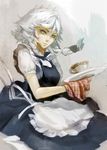  apron baozi_jun blue_dress blue_eyes bow braid cowboy_shot cup dress grey_hair hair_bow highres holding holding_plate izayoi_sakuya light_smile looking_at_viewer looking_to_the_side maid maid_apron maid_headdress plate shaded_face shirt short_hair silver_hair sleeveless sleeveless_dress solo teacup touhou twin_braids white_shirt 