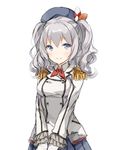  ascot blue_eyes blush double-breasted epaulettes hands_together hat kantai_collection kashima_(kantai_collection) silver_hair simple_background sketch skirt smile solo uniform wataame27 wavy_hair white_background 
