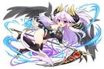 black_wings blush boots breasts demon_horns demon_tail detached_sleeves eteru_(mofuaki) fang feathered_wings full_body high_heel_boots high_heels horns large_breasts long_hair looking_at_viewer mofuaki open_mouth original pointy_ears purple_eyes purple_hair scythe simple_background solo tail thigh_boots thighhighs white_background wings 