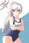  absurdres crossed_arms english grey_eyes highres long_hair name_tag nas_(z666ful) old_school_swimsuit one-piece_swimsuit ponytail rwby scar scar_across_eye school_swimsuit solo swimsuit weiss_schnee white_hair 