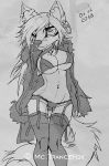  anthro big_breasts bikini breasts canine clothed clothing female greyscale macmegagerc mammal monochrome navel smile solo standing swimsuit wide_hips 