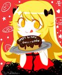  :q artist_name black_bow blonde_hair blush bow cake doughnut dress food hair_bow happy_birthday highres holding holding_tray jpeg_artifacts long_hair looking_at_viewer mad_ryouko monogatari_(series) oshino_shinobu plate red_background red_dress simple_background solo tongue tongue_out tray yellow_eyes 