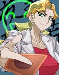  blonde_hair card duel_monster earrings green_eyes hashima_urakichi highres jewelry long_hair mature ponytail sakaki_youko smile smile_world solo yuu-gi-ou yuu-gi-ou_arc-v 