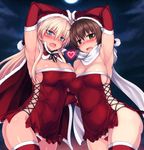  arm_up armpits blonde_hair blue_eyes blush breasts brown_eyes brown_hair cape christmas cleavage detached_sleeves hanna-justina_marseille hat heart katou_keiko large_breasts long_hair looking_at_viewer maebari multiple_girls null_(nyanpyoun) open_mouth pubic_hair pubic_hair_peek red_legwear santa_costume santa_hat scarf short_hair sweat thighhighs world_witches_series 