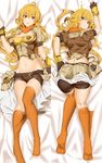  ahoge armor ass asymmetrical_legwear back bad_revision bike_shorts black_gloves black_shorts blonde_hair breasts brown_jacket buckle buttons cape cleavage closed_mouth dakimakura fingerless_gloves gloves groin highres jacket kneehighs kneepits koko_shiguma long_hair looking_at_viewer lying md5_mismatch medium_breasts midriff multiple_views navel no_shoes on_back on_bed on_stomach orange_legwear orange_scarf parted_lips puffy_short_sleeves puffy_sleeves purple_eyes rwby scarf short_sleeves shorts soles stitches strapless tubetop very_long_hair waist_cape yang_xiao_long 