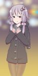  ahoge blurry blurry_background blush breath breathing_on_hands brown_legwear buttons chestnut_mouth coat collarbone hair_ornament hood kuroshiro_gurei light long_sleeves low_twintails pantyhose parted_lips short_hair short_twintails solo thigh_gap twintails vocaloid voiceroid winter_clothes winter_coat yuzuki_yukari 