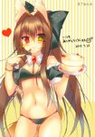  animal_ears bell black_panties blush bow breasts brown_hair cake dated food fork fox_ears fox_tail green_eyes hair_bow heart heterochromia jewelry long_hair monaka_natsume navel original panties pendant red_eyes small_breasts smile solo tail translation_request underwear very_long_hair 