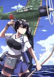  a6m_zero absurdres aircraft airplane arrow black_hair bow_(weapon) breastplate cloud day flight_deck flying gloves highres hip_vent kaga_(kantai_collection) kantai_collection kouno_ibuki long_hair muneate ocean pilot propeller radio_antenna side_ponytail single_glove sky solo thighhighs weapon yellow_eyes zettai_ryouiki 