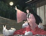  bamboo bamboo_forest black_hair bunny forest full_moon houraisan_kaguya ichiba_youichi long_hair long_sleeves looking_up moon nature night open_mouth outstretched_arm reaching shirt sitting skirt sky solo too_many too_many_bunnies touhou very_long_hair wall wide_sleeves 