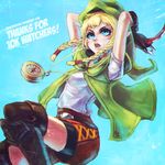  absurdres bike_shorts blonde_hair blue_eyes boots bow_(weapon) braid breasts capelet crossbow dual_wielding eyelashes green_capelet highres hits holding jumping linkle long_hair monori_rogue pointy_ears shorts small_breasts solo thank_you the_legend_of_zelda thigh_boots thighhighs twin_braids watermark weapon web_address zelda_musou 