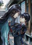  architecture black_hair blue_eyes double-breasted earrings east_asian_architecture eye_contact highres horikawa_kunihiro izumi-no-kami_kanesada japanese_clothes jewelry looking_at_another male_focus multiple_boys smile stud_earrings tcb touken_ranbu 