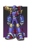  android armor clenched_hands helmet male_focus missiles no_humans red_eyes rocket_launcher rockman rockman_x shoulder_cannon solo standing tonami_kanji vava weapon 