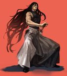  battoujutsu_stance black_hair blue_eyes choker earrings eye_(chabosu) fighting_stance full_body hair_between_eyes hakama hand_on_hilt highres hip_vent izumi-no-kami_kanesada japanese_clothes jewelry katana lips long_hair male_focus muscle ready_to_draw red_background sheath sheathed sleeveless solo sword touken_ranbu very_long_hair weapon 