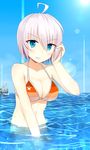  ahoge bikini blue_eyes blush breasts cleavage day fu_soulwave highres large_breasts lavender_hair lens_flare looking_at_viewer parted_lips partially_submerged phantasy_star phantasy_star_online_2 short_hair sky solo striped striped_bikini sun swimsuit water 