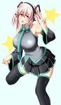  bare_shoulders blush breasts cosplay detached_sleeves hatsune_miku hatsune_miku_(cosplay) headphones highres large_breasts long_hair looking_at_viewer necktie nitroplus open_mouth pink_eyes pink_hair skirt soda12345 solo super_sonico thighhighs twintails v vocaloid zettai_ryouiki 