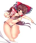  ass_visible_through_thighs bangs bare_arms barefoot bikini blunt_bangs blush bow breasts brown_eyes cameltoe card covered_nipples frills gohei hair_bow hair_tubes hakurei_reimu highres hitotsuki_nebura leg_up micro_bikini midriff navel nose_blush ponytail red_bow running simple_background small_breasts solo stomach swimsuit tears touhou white_background white_bikini 