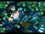  afloat black_hair flower flower_eyepatch from_above gloves japanese_clothes katana letterboxed lily_pad looking_at_viewer lotus male_focus mikazuki_munechika nokaku ripples solo sword touken_ranbu water weapon 