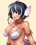  :d armlet bikini_top black_eyes black_hair breasts cleavage commentary_request earrings feathers hair_feathers halterneck jewelry large_breasts lolicept marnie_(sennen_sensou_aigis) midriff multicolored_hair open_mouth sennen_sensou_aigis short_hair smile solo two-tone_hair upper_body white_hair 