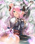  arm_up bare_shoulders black_gloves blue_eyes blush braid breasts demon_horns draph elbow_gloves gloves granblue_fantasy hair_ornament hair_over_one_eye horns hunakaka_(you2662eternity) large_breasts lavender_hair long_hair narmaya_(granblue_fantasy) open_mouth outstretched_arm pointy_ears single_thighhigh solo stretch thighhighs 