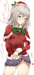  aran_sweater bell blue_eyes blush breasts capelet christmas hair_bell hair_ornament hat highres kantai_collection kashima_(kantai_collection) long_hair looking_at_viewer naughty_face no_panties partially_translated santa_hat silver_hair skirt skirt_lift small_breasts smile solo sweat sweater translation_request tsurime twintails wavy_hair yakitomeito 