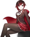  black_hair black_legwear cape collar crossed_legs highlights highres hood multicolored_hair ndgd pantyhose ribbon ruby_rose rwby school_uniform short_hair sitting skirt solo 