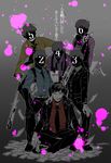  720_72 bangs baseball_bat blood blood_splatter brothers brown_hair cellphone computer faceless faceless_male formal grey_background grin indian_style laptop male_focus matsuno_choromatsu matsuno_ichimatsu matsuno_juushimatsu matsuno_karamatsu matsuno_osomatsu matsuno_todomatsu multiple_boys number osomatsu-kun osomatsu-san phone pink_blood sextuplets siblings silhouette simple_background sitting smartphone smile suit swept_bangs translation_request vest 