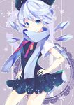  blue_dress blue_eyes blue_hair blue_scarf blush bow cirno colored_eyelashes cowboy_shot dress hair_bow hands_on_hips highres ice ice_wings lavender_background looking_at_viewer patterned_background ribbon scarf shirt short_dress short_hair short_sleeves sleeveless sleeveless_dress smile snowflakes solo touhou white_shirt wings yuusei_tsukiro 