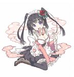  black_hair blush boots bow breasts character_request cleavage detached_collar detached_sleeves dress flower frilled_dress frilled_sleeves frills green_bow hair_bow head_tilt heart kai-ri-sei_million_arthur knee_boots large_breasts long_hair looking_at_viewer maid_headdress million_arthur_(series) open_mouth petals purple_eyes rose simple_background solo thighhighs twintails usalxlusa white_background wide_sleeves zettai_ryouiki 