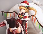  blonde_hair blush boots christmas cross-laced_footwear flandre_scarlet fur-trimmed_boots fur_boots fur_trim gift hat homo_1121 lace-up_boots long_hair looking_at_viewer open_mouth red_eyes red_footwear sack santa_boots santa_costume santa_hat short_hair side_ponytail smile solo thighhighs touhou wings 