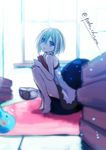  artist_name bare_shoulders blanc blue_eyes blush book brown_hair dogoo looking_at_viewer neptune_(series) open_mouth padocchi_(kurokitsune) short_hair sitting solo window 