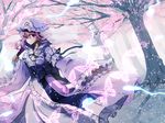  arm_ribbon bad_id bad_pixiv_id blue_dress bug butterfly cherry_blossoms dress fan folding_fan forest furapechi hat hitodama insect long_sleeves mob_cap nature outstretched_arm petals pink_eyes pink_hair ribbon saigyouji_yuyuko sash solo touhou tree triangular_headpiece veil wide_sleeves 